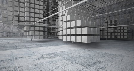 Abstract architectural concrete  interior  from an array of white cubes with large windows. 3D illustration and rendering.
