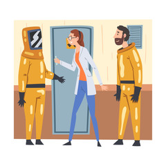 Scientists Working in Scientific Lab, Assistants in Protective Suits and Scientist in White Lab Coat Conducting Experiments Vector Illustration