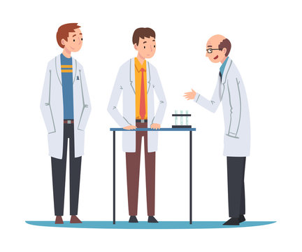 Male Scientists in Lab Coats Doing Research and Experiments in Scientific Lab Vector Illustration