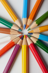 Color pencils on white background, copy space