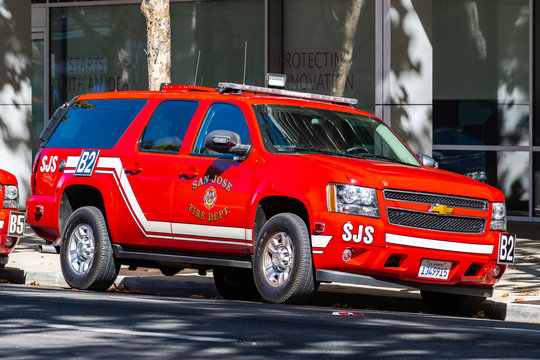 Oct 20, 2019 San Jose / CA / USA - San Jose Fire Department (SJS) Vehicle Stationed In The Downtown Area