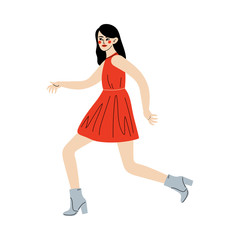Charismatic Young Woman in Red Dress Going to Success, Girl Reaching the Goal or Result Vector Illustration