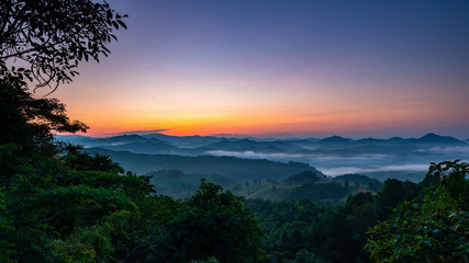 Fototapeta na wymiar Morning mist covered on hill after sunrise at tropical forest. Thailand
