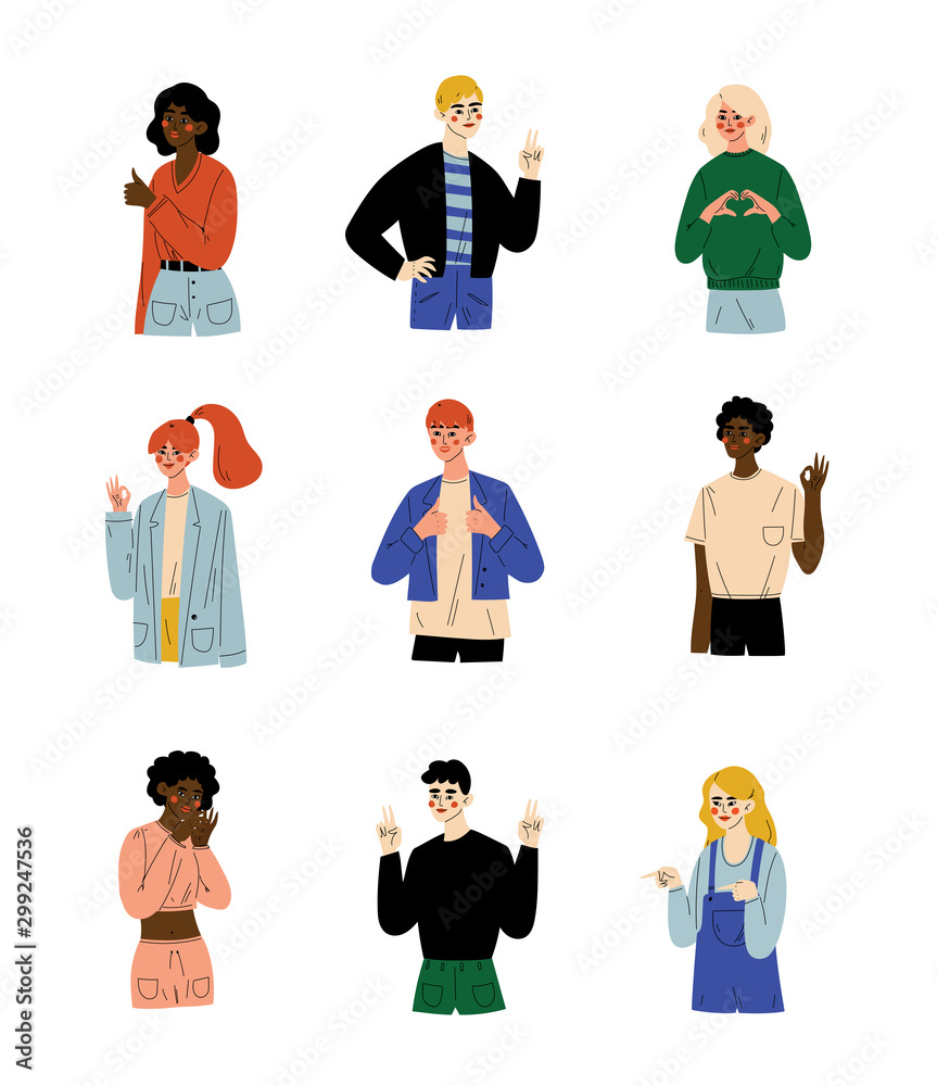 Sticker People of Different Nations Showing Various Gestures Set, Young Men and Women Doing Positive Gestures Vector Illustration