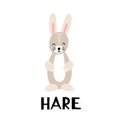 Cute hare in trendy scandinavian style. Cartoon woodland animal isolated on white background. Flat vector illustration.
