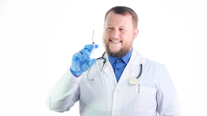 Nice chubby doctor with a beard in a white coat on a white isolated background