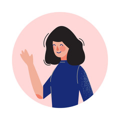 Brunette Girl Looking Out of Round Frame, Teenager Waving Her Hand in Circle Window Hole Vector Illustration