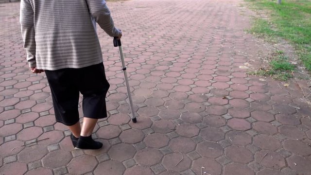 close up senior woman legs walking with walking stick in the park