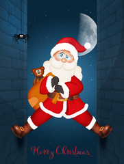 illustration of Santa Claus climbing on the homes wall