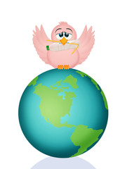 little bird with plastic waste on the world