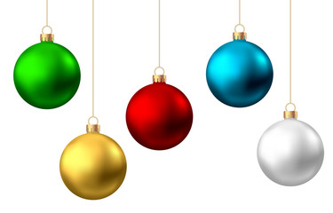 Realistic  red, gold, green, blue, silver Christmas  balls  isolated on white background.