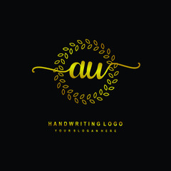 Handwriting initials AU , With a gold leaf line template. logo design for, beauty, fashion, cosmetic, business
