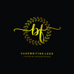 Handwriting initials BF , With a gold leaf line template. logo design for, beauty, fashion, cosmetic, business