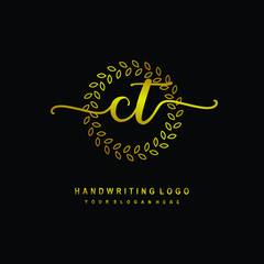 Handwriting initials CT , With a gold leaf line template. logo design for, beauty, fashion, cosmetic, business
