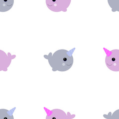 Vector illustration. Cute cartoon magic narwhal isolated on white background. funny unicorn whale for child and cards. © Yulia