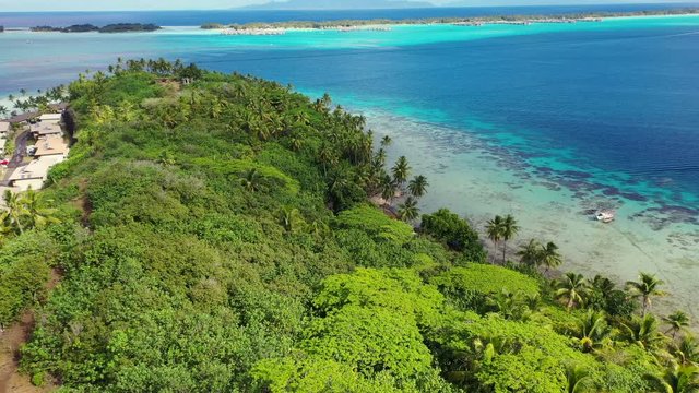 Aerial of a beautiful blue lagoon among lush green tropical islands, drone flying forward over one of the islands then stopping and staying still - Bora Bora, French Polynesia