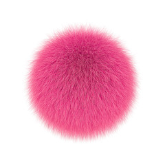 Pink fluffy ball, fur pompon isolated on white - obrazy, fototapety, plakaty