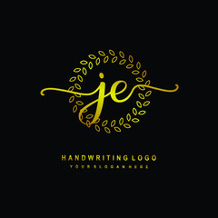 Handwriting initials JE, With a gold leaf line template. logo design for, beauty, fashion, cosmetic, business