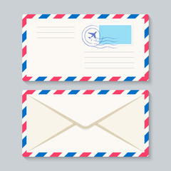 Air mail envelope set vector design. Front and back paper envelope with stamp