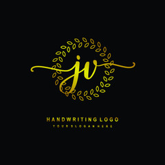 Handwriting initials JV, With a gold leaf line template. logo design for, beauty, fashion, cosmetic, business