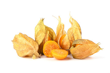 Whole and halves of physalis berries isolated on a white background.
