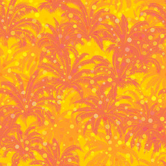 Seamless Background, Tropical Palm Trees, Crowns with Leaves, Red and Yellow Tile Pattern. Vector