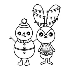 cute rabbit with lights and snowman merry christmas thick line