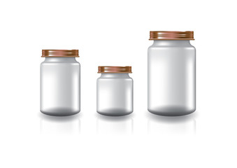 3 sizes of blank clear round jar with copper screw lid for supplements or food product. Isolated on white background with reflection shadow. Ready to use for package design. Vector illustration.