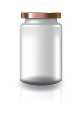 Blank clear round jar with copper lid high size for supplements or food product. Isolated on white background with reflection shadow. Ready to use for package design. Vector illustration.