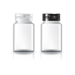 White square supplements, medicine bottle (black & white lid) for beauty or healthy product. Isolated on white background with reflection shadow. Ready to use for package design. Vector illustration.