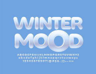 Vector stylish Logo Winter Mood. White Glossy Font. Creative Alphabet Letters, Numbers and Symbols. 