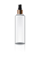 White square cosmetic bottle with spray head and copper ring for beauty or healthy product. Isolated on white background with reflection shadow. Ready to use for package design. Vector illustration.