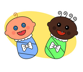 Two babies on a yellow background. Cartoon. Vector illustration