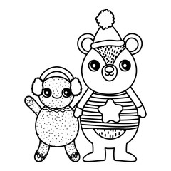 cute bear and gingerbread man with hat merry christmas thick line