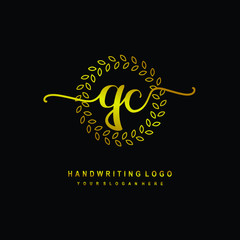 Handwriting initials QC, With a gold leaf line template. logo design for, beauty, fashion, cosmetic, business