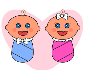 Two babies on a pink background. Vector illustration