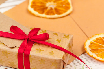 Close up shot of a Christmas decor details on wooden board