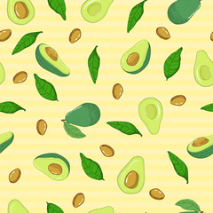Vector hand drawn seamless pattern with avocado and leaves on yellow background. Whole avocado with leaf, half fruits and seeds in sketch style. Healthy food backdrop.