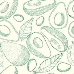 Printed kitchen splashbacks Avocado Vector hand drawn avocado seamless pattern. Whole avocado, seed, half, leaf in sketch. Helthy food repeated background in engraved style.