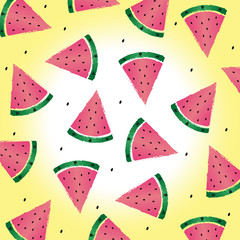 A slice of watermelon. Juicy summer watermelon. Delicious summer treat. Yellow background with watermelons.