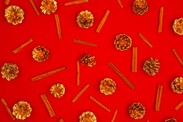 Christmas pattern of holiday decorations on red background