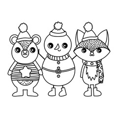 bear fox and snowman with hats and scarf merry christmas thick line