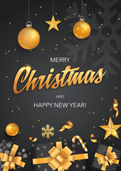 Fototapeta premium Merry Christmas and Happy New Year black backgrounds template with gold glitter elements