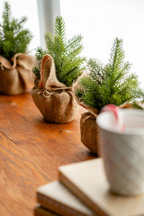 Christmas cane in a white cup on interior background