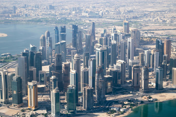 Aerial View of Modern Skyscrapers and Apartment Buildings in Downtown Doha (West Bay) on a Sunny Clear Day - Doha, Qatar