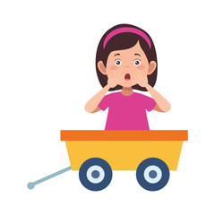 cartoon surprised woman in toy wagon icon