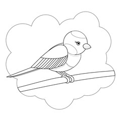 children's illustration for self coloring with the image of a cute bird sitting on a branch