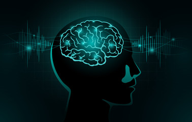 Particles move into human brain. Concept Illustration about Brain wave and Frequency.