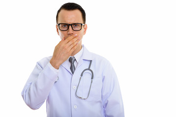 Portrait of young handsome man doctor with eyeglasses