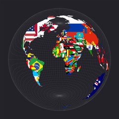 World map with flags. Lambert azimuthal equal-area projection. Map of the world with meridians on dark background. Vector illustration.